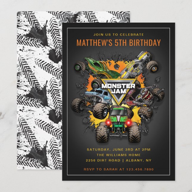 Invitación Cumpleaños de Camiones Monster Jam (Anverso / Reverso)