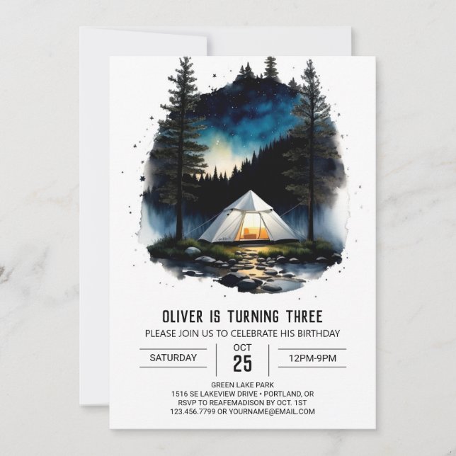 Invitación Cumpleaños de Campfire y Tent Adventure (Anverso)