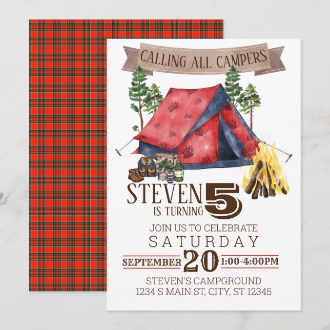 Invitación Cumpleaños de Camping (Anverso / Reverso)