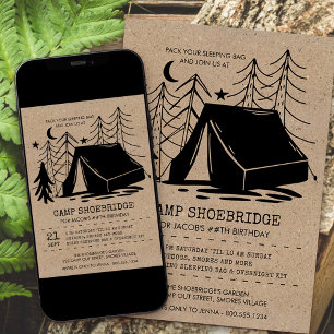 Invitación Cumpleaños de Camping con Arte Doodle Rústico