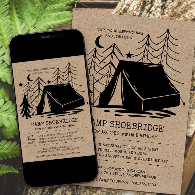 Invitación Cumpleaños de Camping con Arte Doodle Rústico (Subido por el creador)
