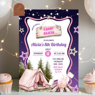 Invitación Cumpleaños de camping de niña rosa púrpura