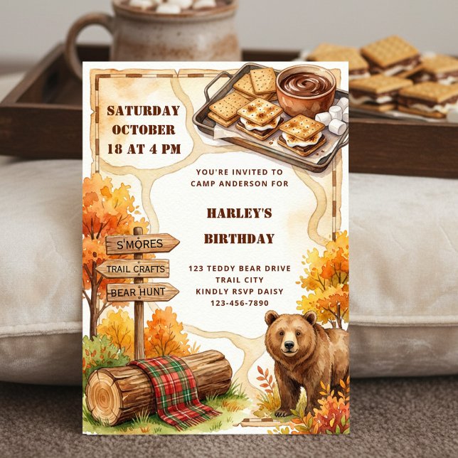 Invitación Cumpleaños de Camping Otoñal Acogedor con Osito de (Camping theme birthday invitation by Darling & May)