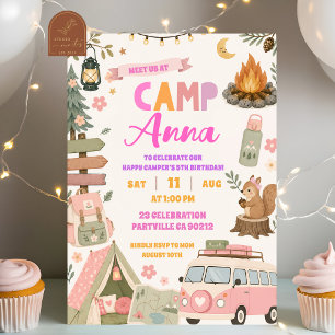 Invitación Cumpleaños de camping rosa feliz niña