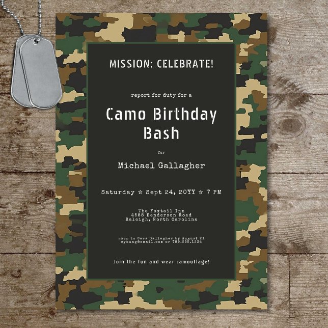 Invitación Cumpleaños de Camuflaje de Soldado Militar (Military Soldier Camouflage Birthday Invitation)