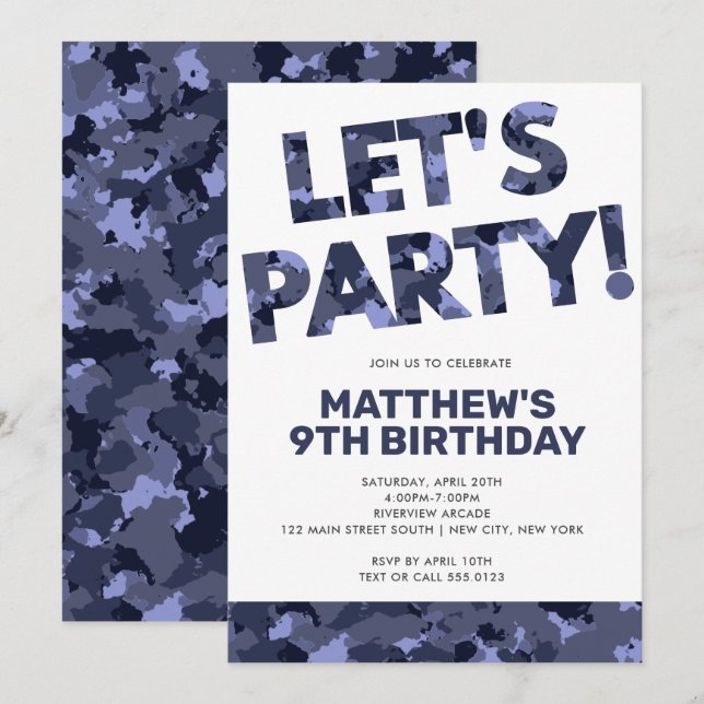 Invitación Cumpleaños de Camuflaje, Fiesta Camo Azul (Anverso / Reverso)