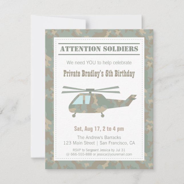 Invitación Cumpleaños de Camuflaje Impreso Helicóptero Ejérci (Anverso)