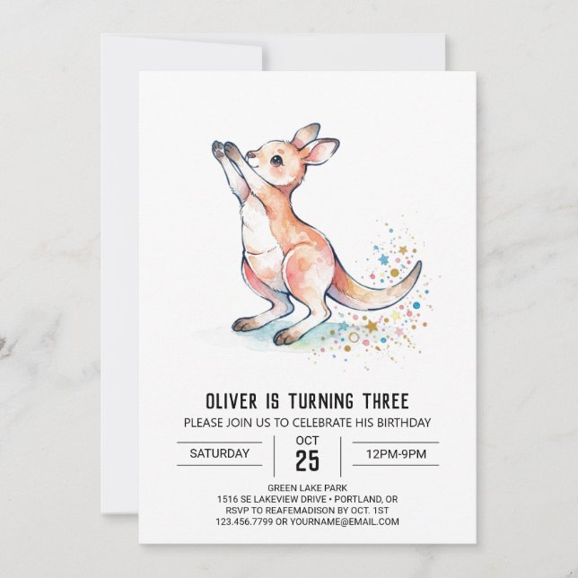 Invitación Cumpleaños de canguro saltarín (Anverso)