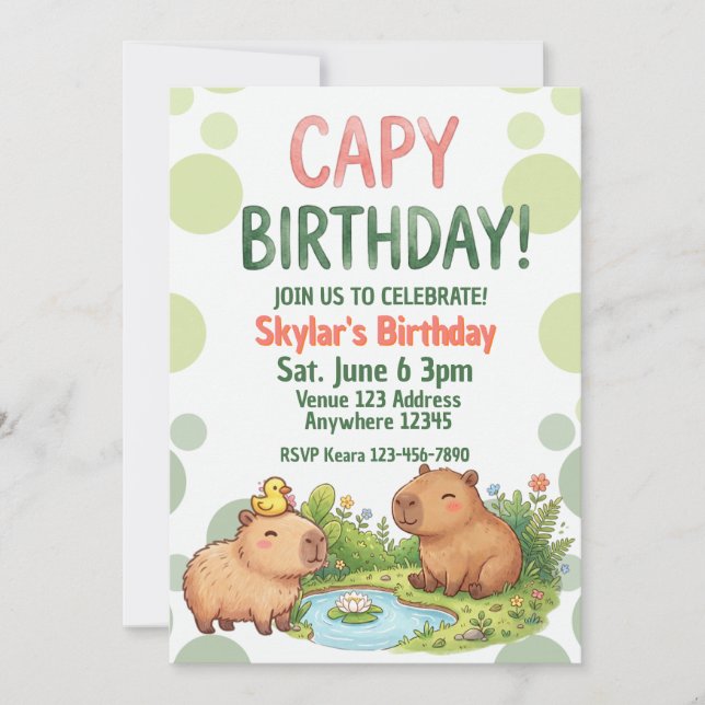 Invitación Cumpleaños de capibara kawaii (Anverso)