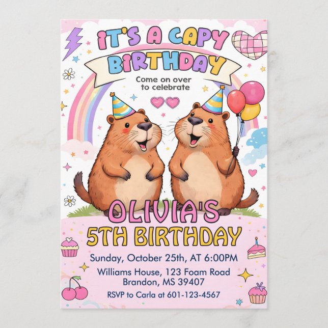 Invitación Cumpleaños de Capy Rosa Lindo - Cumpleaños de Capy (Anverso)