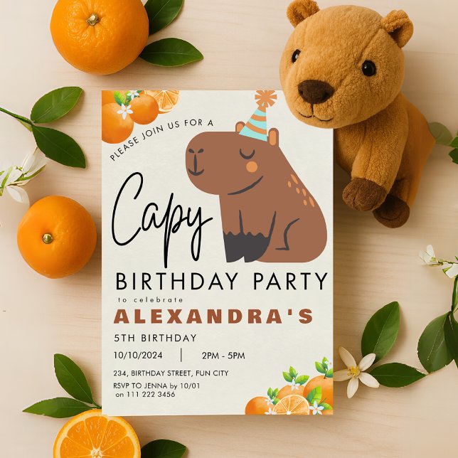 Invitación Cumpleaños de Capybara Naranja Tangerine Capibara (Capybara Birthday Cute Orange Tangerine Capibara Invitation)