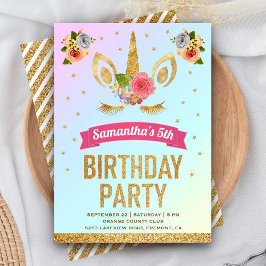 Invitación Cumpleaños de Cara de Unicornio con Brillo Dorado