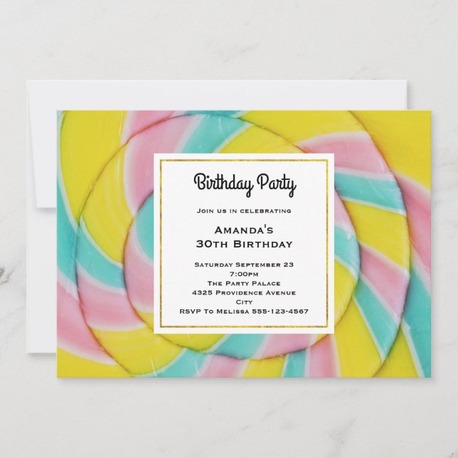 Invitación Cumpleaños de Caramelo Espiral Arcoíris Pastel (Anverso)