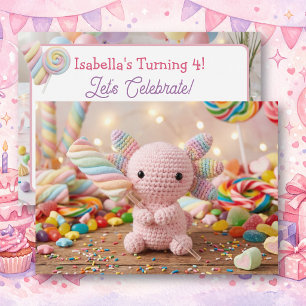 Invitación Cumpleaños de Caramelo Pastel Crochetado de Ajolot