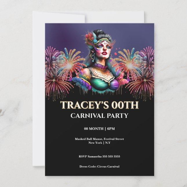 Invitación Cumpleaños de Carnaval de máscara hito de edad (Anverso)