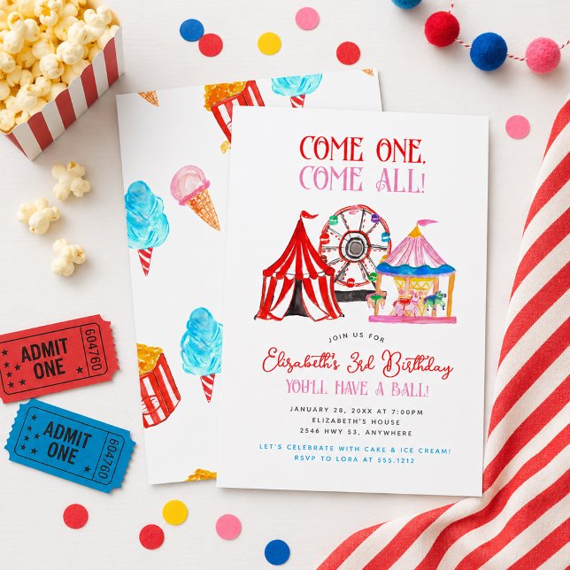 Invitación Cumpleaños de Carnaval y Circo Dibujado a Mano Ado (Cute Hand Drawn Carnival Circus Birthday Invitation
)