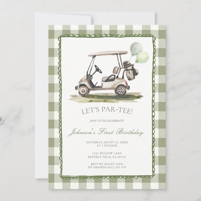 Invitación Cumpleaños de carrito de golf verde salvia a cuadr (Anverso)
