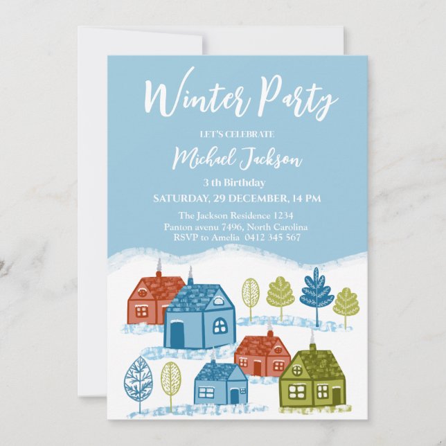 Invitación Cumpleaños de casas de invierno Bebé (Anverso)