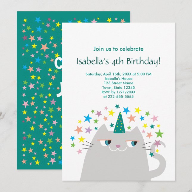 Invitación Cumpleaños de Cat Unicorn Cute Chica (Anverso / Reverso)