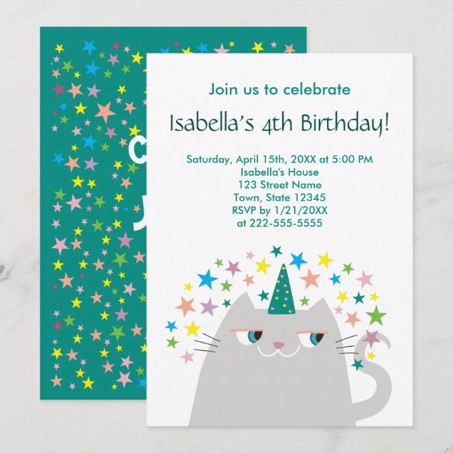 Invitación Cumpleaños de Cat Unicorn Cute Chica (Anverso / Reverso)