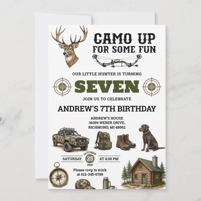 Invitación Cumpleaños de caza con camuflaje personalizado (Anverso)