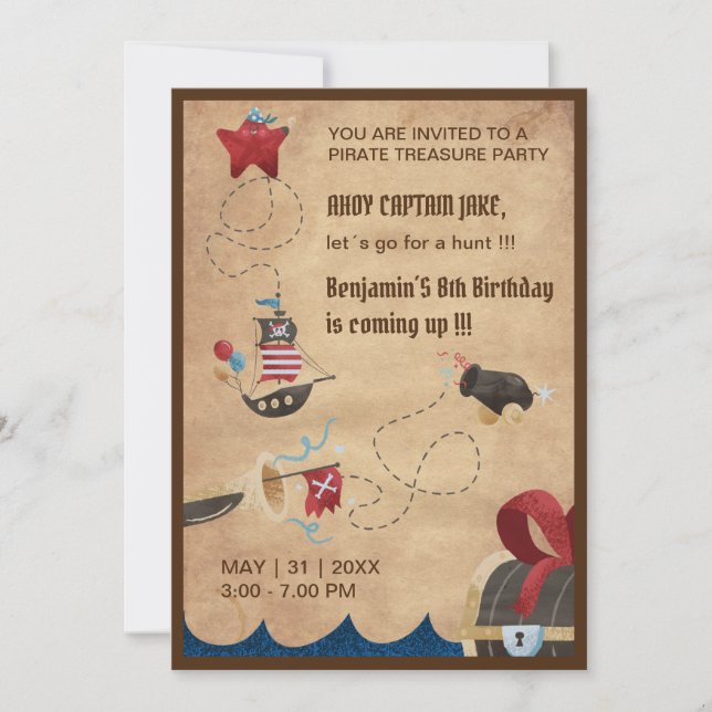 Invitación cumpleaños de caza de tesoros piratas (Anverso)
