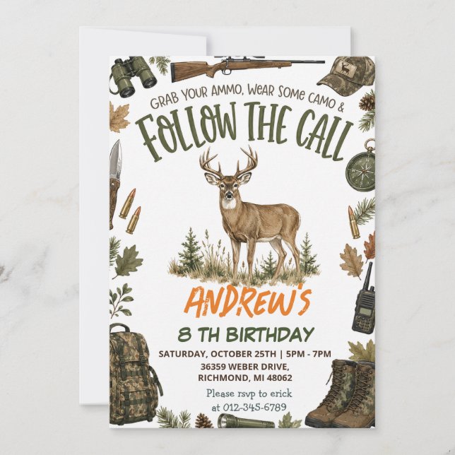 Invitación Cumpleaños de caza personalizado al aire libre (Anverso)