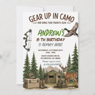 Invitación Cumpleaños de caza personalizado para niño Camo