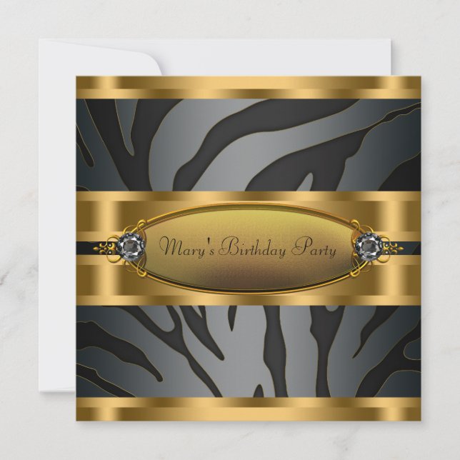 Invitación Cumpleaños de cebra dorada negra de mujer (Anverso)
