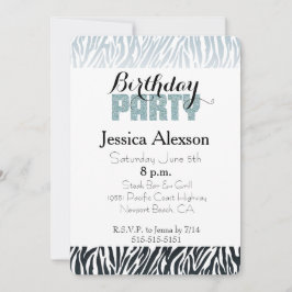 Invitación Cumpleaños de cebra negra azul salvaje con brillo 