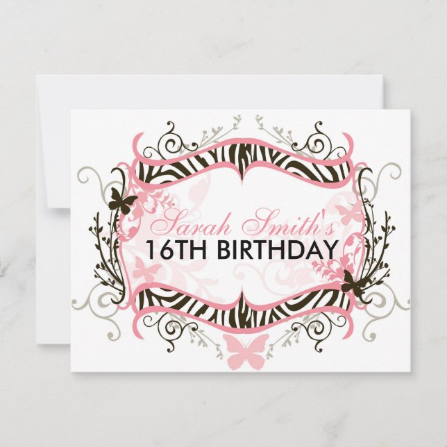 Invitación Cumpleaños de Cebra Rosa (Anverso)