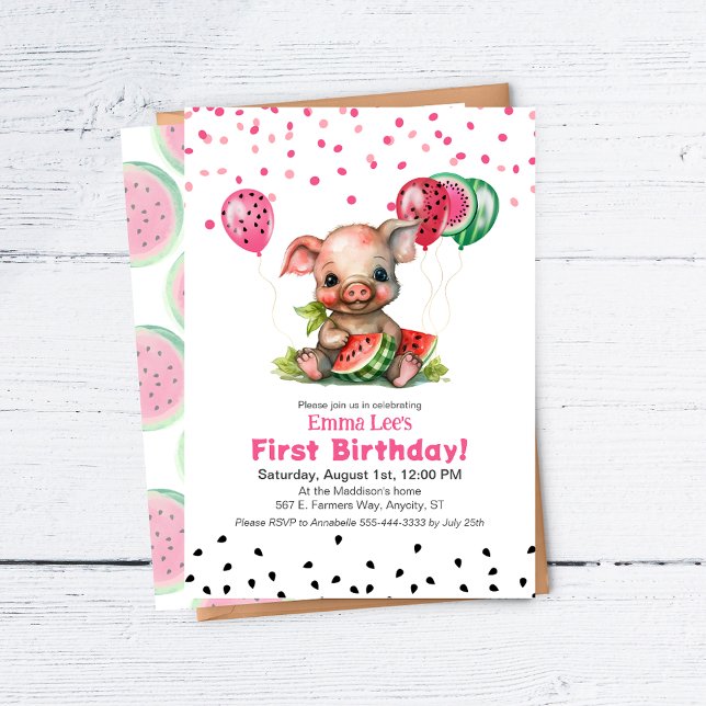 Invitación Cumpleaños de Cerdito Lindo Comiendo Sandía (Subido por el creador)