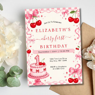 Invitación Cumpleaños de cereza primero Rojo Cerezas Lazos ro
