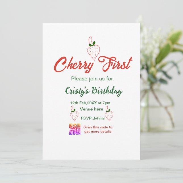 Invitación cumpleaños de cereza primero rojo código qr negrit (Anverso de pie)