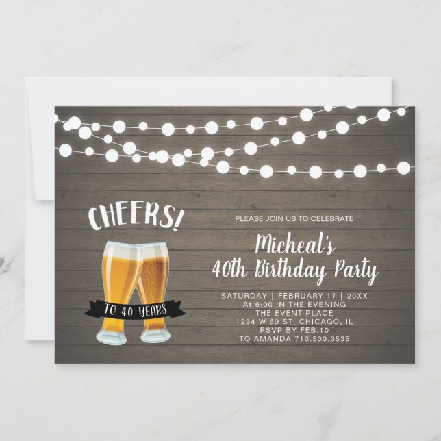 Invitación Cumpleaños de Cerveza, Cheers Madera 40/50 (Anverso)
