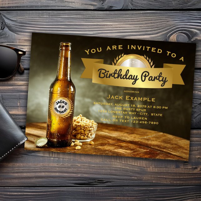 Invitación Cumpleaños de cerveza para cualquier número de per (Beer any birthday and event invitation. All text font and wording can be changed for your event.)