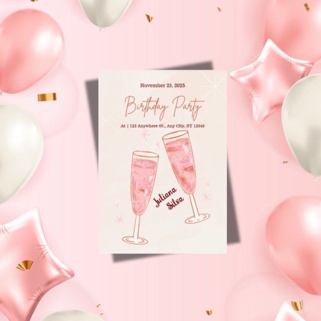 Invitación Cumpleaños de champán rosa elegante y glamuroso  (Subido por el creador)