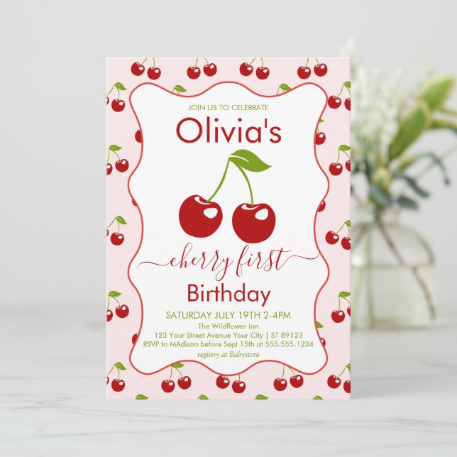 Invitación Cumpleaños de Cherry Primer Cumpleaños Cerezas 1er (Anverso de pie)