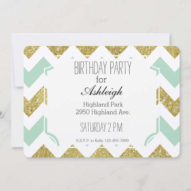 Invitación cumpleaños de Chevron, Purpurina de Mint y Gold Fa (Anverso)