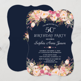 Invitación Cumpleaños de Chiarm Pink Blush Floral Navy Blue