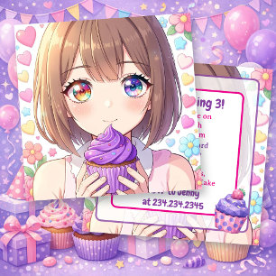 Invitación Cumpleaños de Chica Anime   Corazones y Magdalenas