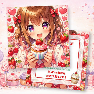 Invitación Cumpleaños de Chica Anime   Fresas y Magdalenas 