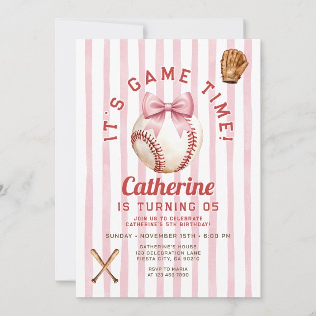 Invitación Cumpleaños de chica con lazo rosa rubor tiempo de  (Anverso)