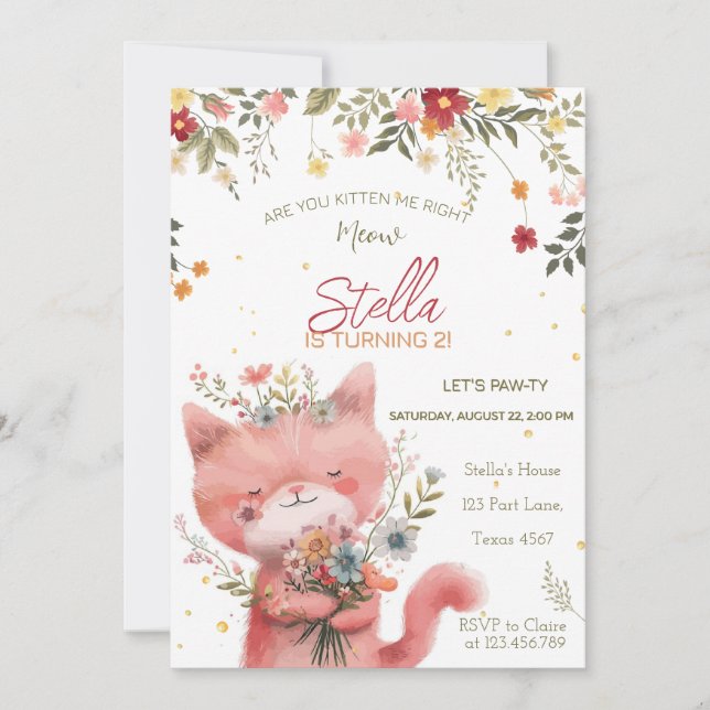 Invitación cumpleaños de chica de gatos de flores silvestres (Anverso)