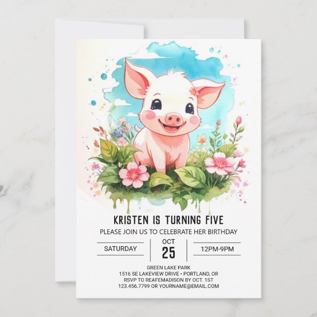 Invitación Cumpleaños de Chica de Piglet, acuarela y maravill (Anverso)