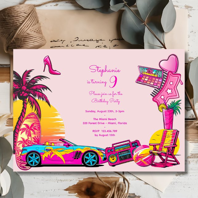 Invitación cumpleaños de chica rosa de muñecas de playa de Mi (Subido por el creador)