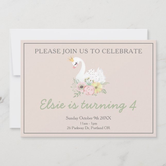 Invitación cumpleaños de chica rosa linda princesa swan (Anverso)