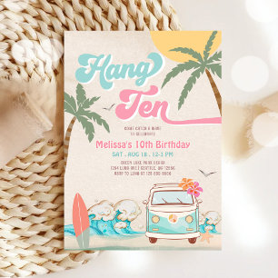 Invitación Cumpleaños de chica surf rosa menta 10º playa de s
