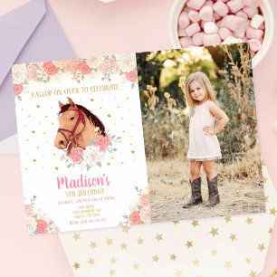Invitación Cumpleaños de chicas caballo acuarela floral foto
