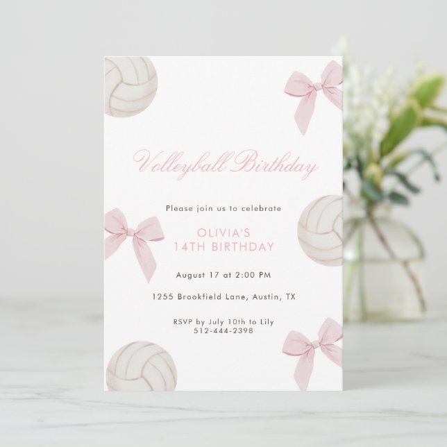 Invitación Cumpleaños de chicas con voleibol y lazo rosa (Anverso de pie)